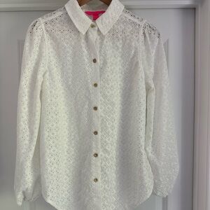 Lilly Pulitzer Sea Breeze White Eyelet Button Down Top